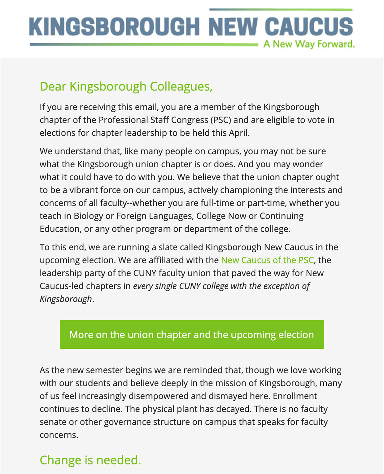 Kingsborough New Caucus: Logo Design and Mailchimp Email Newsletter Template: Email Template Application