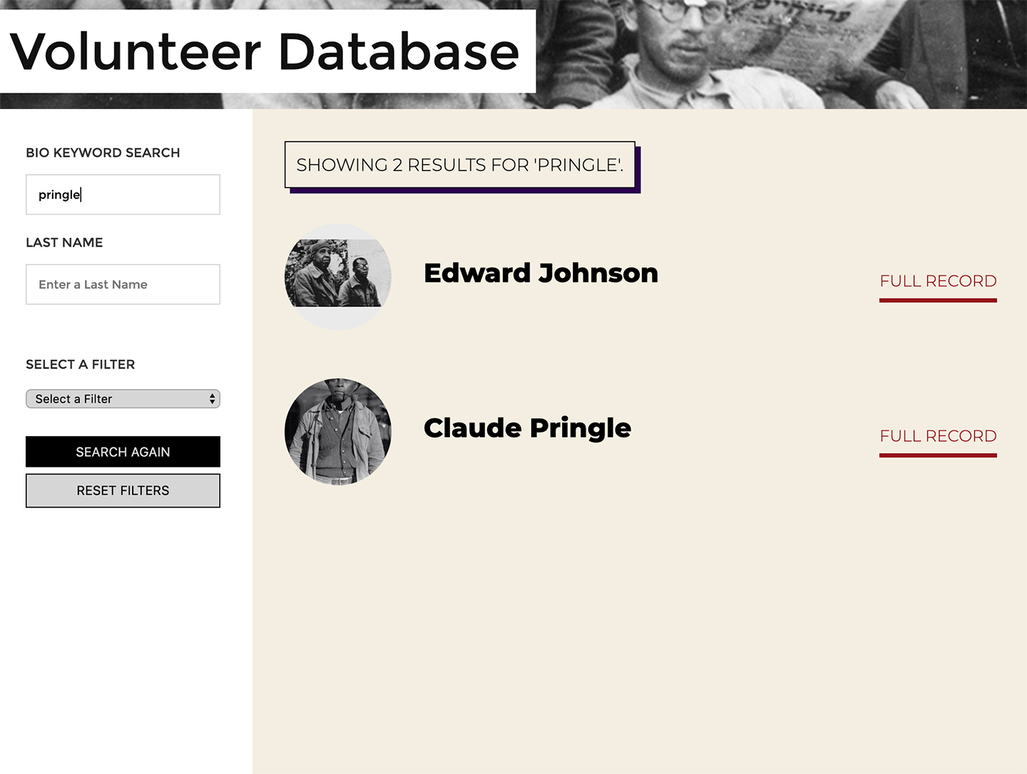 The Abraham Lincoln Brigade Archives (ALBA): Volunteer Database Results View