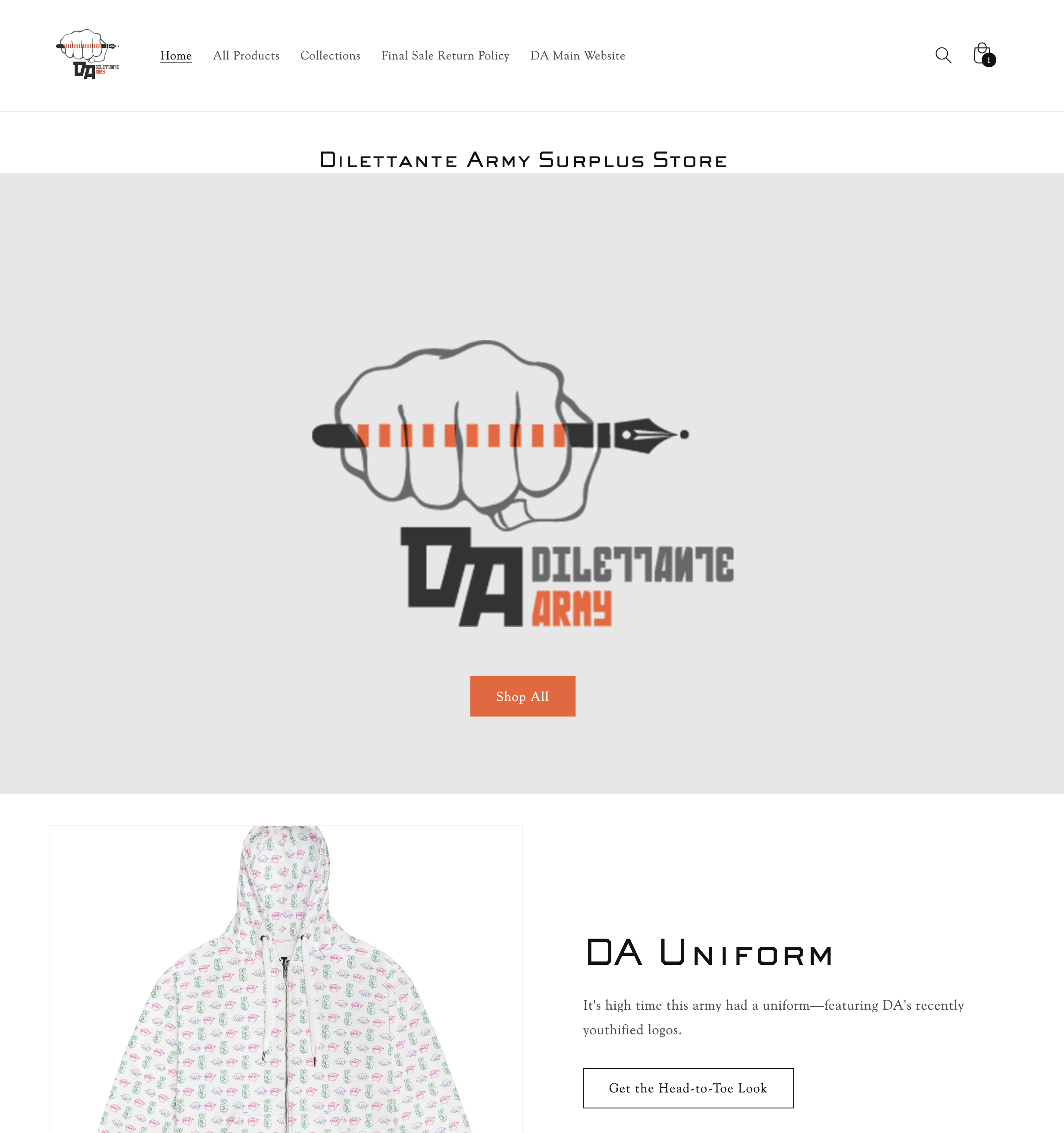 Dilettante Army Online Store: Shopify and Printful Integration: Surplus Store: Home CTA