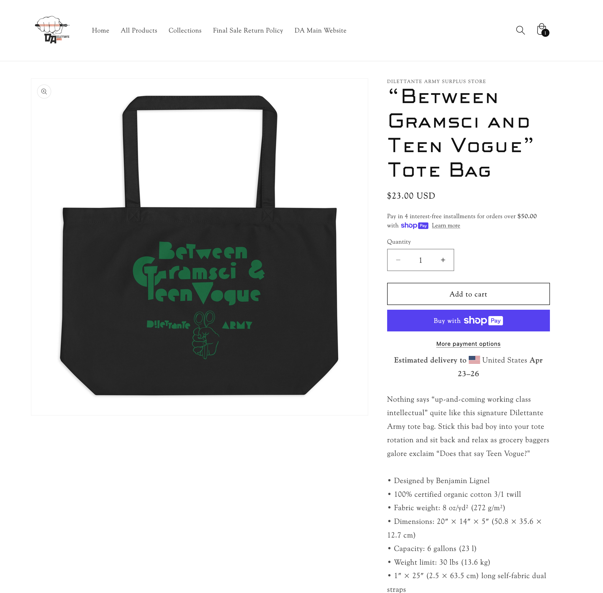 Dilettante Army Online Store: Shopify and Printful Integration: Surplus Store: Totes