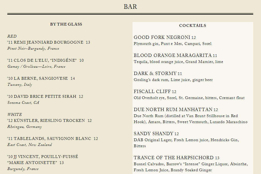 The Good Fork: bar menu | the good fork brooklyn
