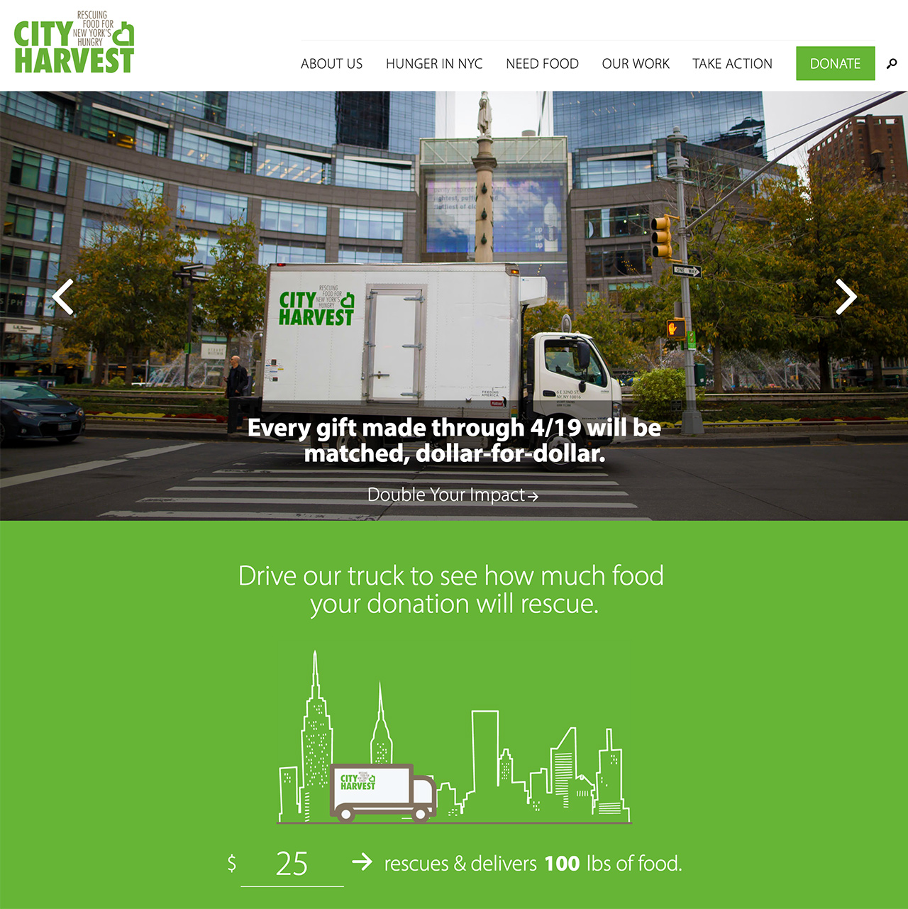 City Harvest: Prioritized establishing photos and calls to action anchor the homepage.