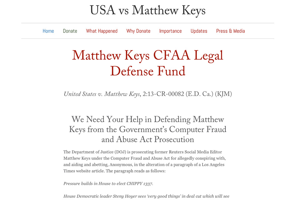 Matthew Keys CFAA Legal Defense Fund Site Kickstarts Support