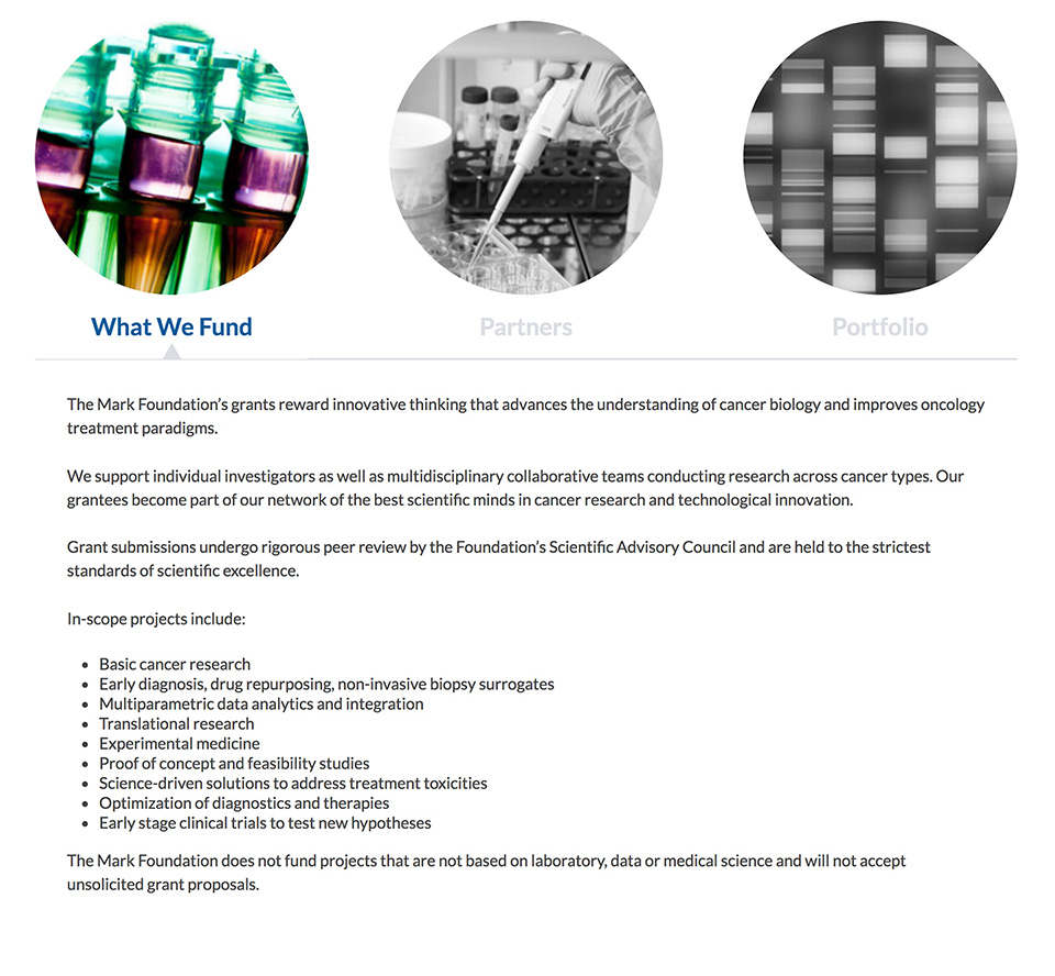 The Mark Foundation for Cancer Research: Tabbed Interactive of Research Areas