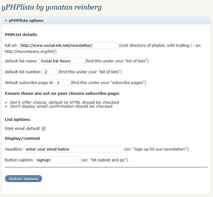 Settings page for yPHPlista