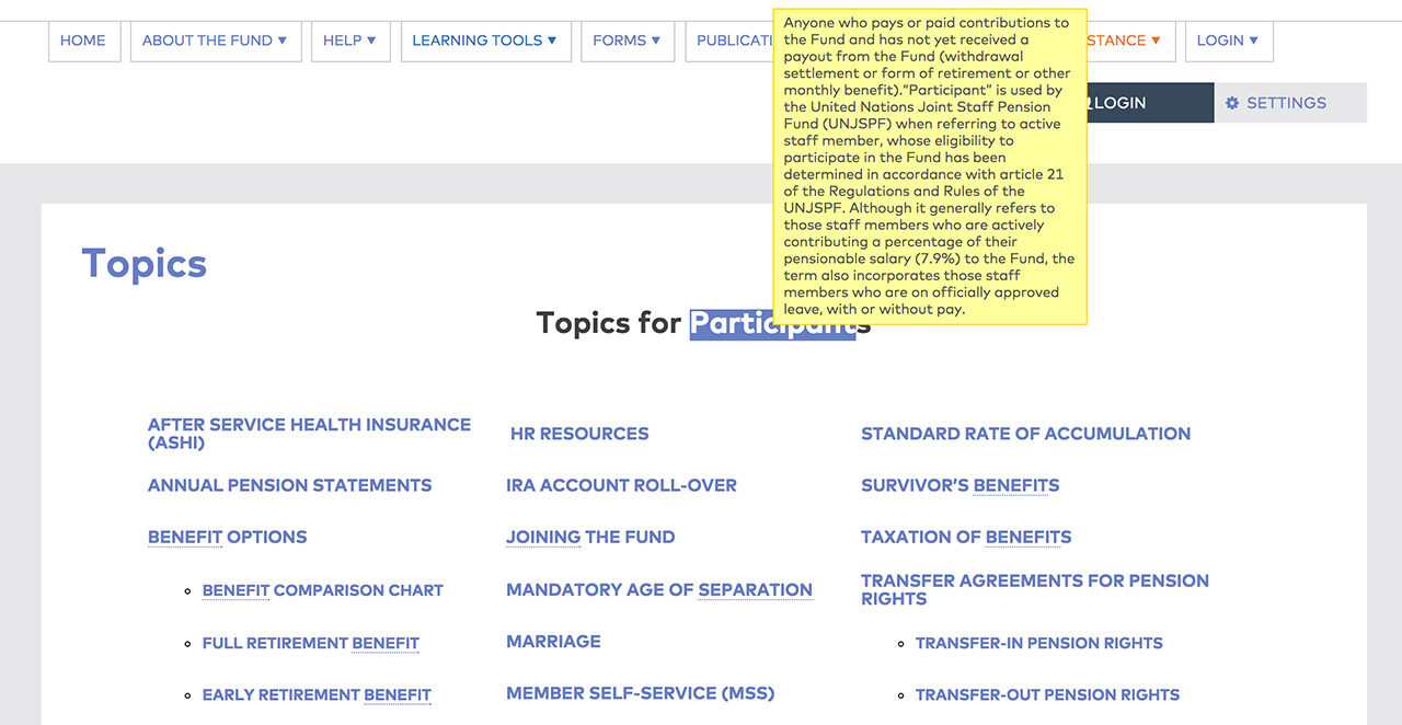 United Nations Joint Staff Pension Fund: Glossary Tooltips